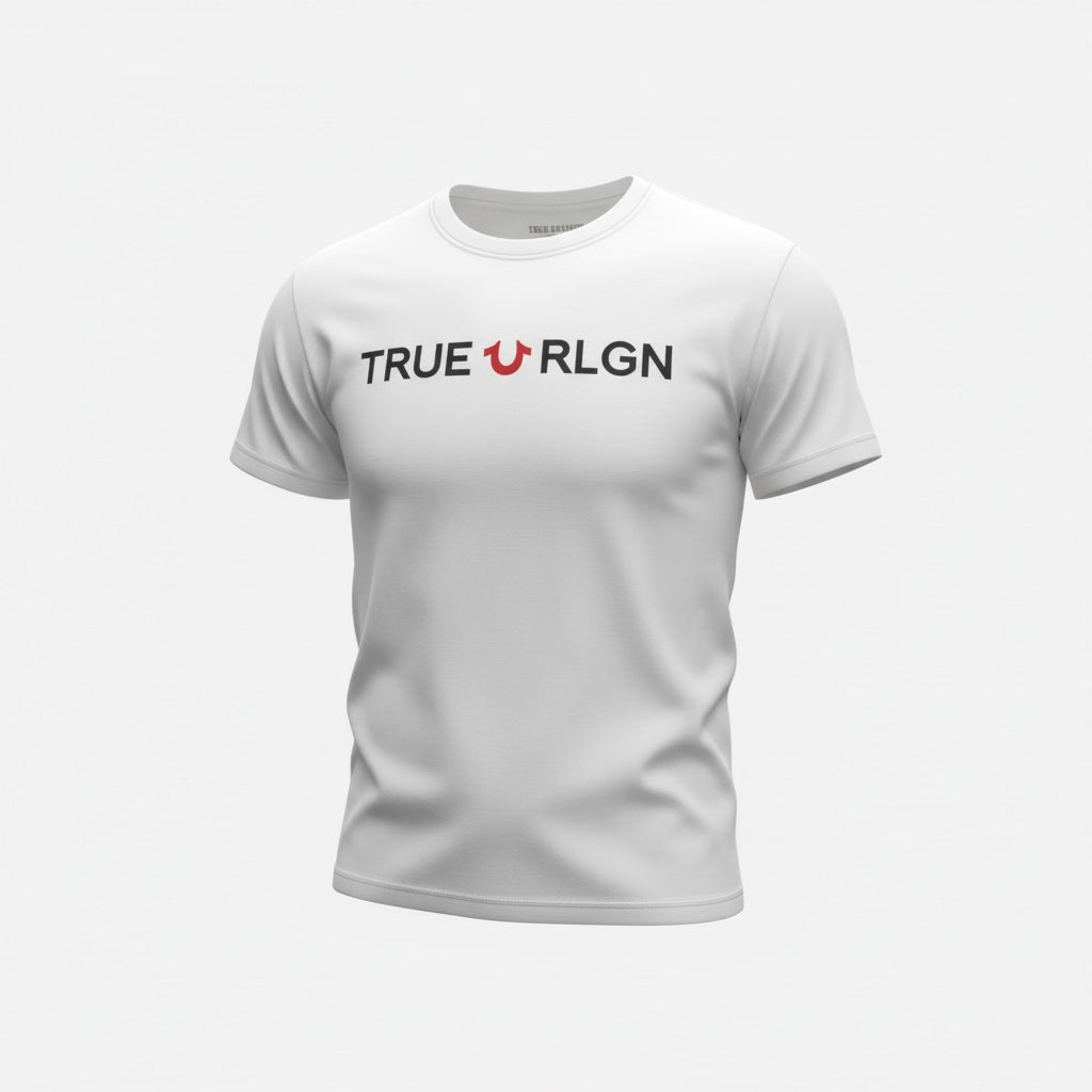 picknpack white True Religion crew neck short sleeve cotton t-shirt with a bold black and red logo graphic