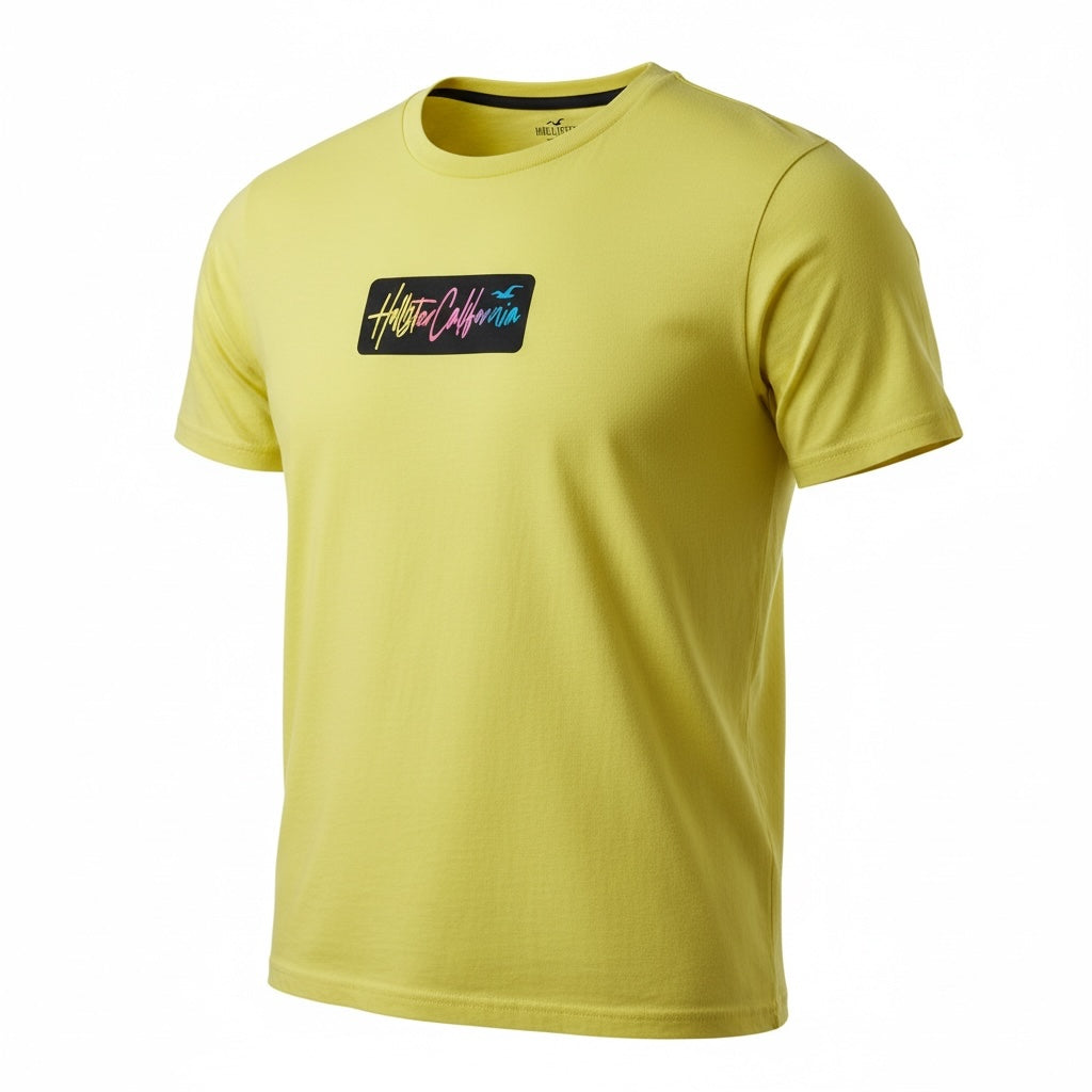 picknpack yellow Hollister California graphic crewneck t-shirt in soft cotton-blend with a colorful front logo