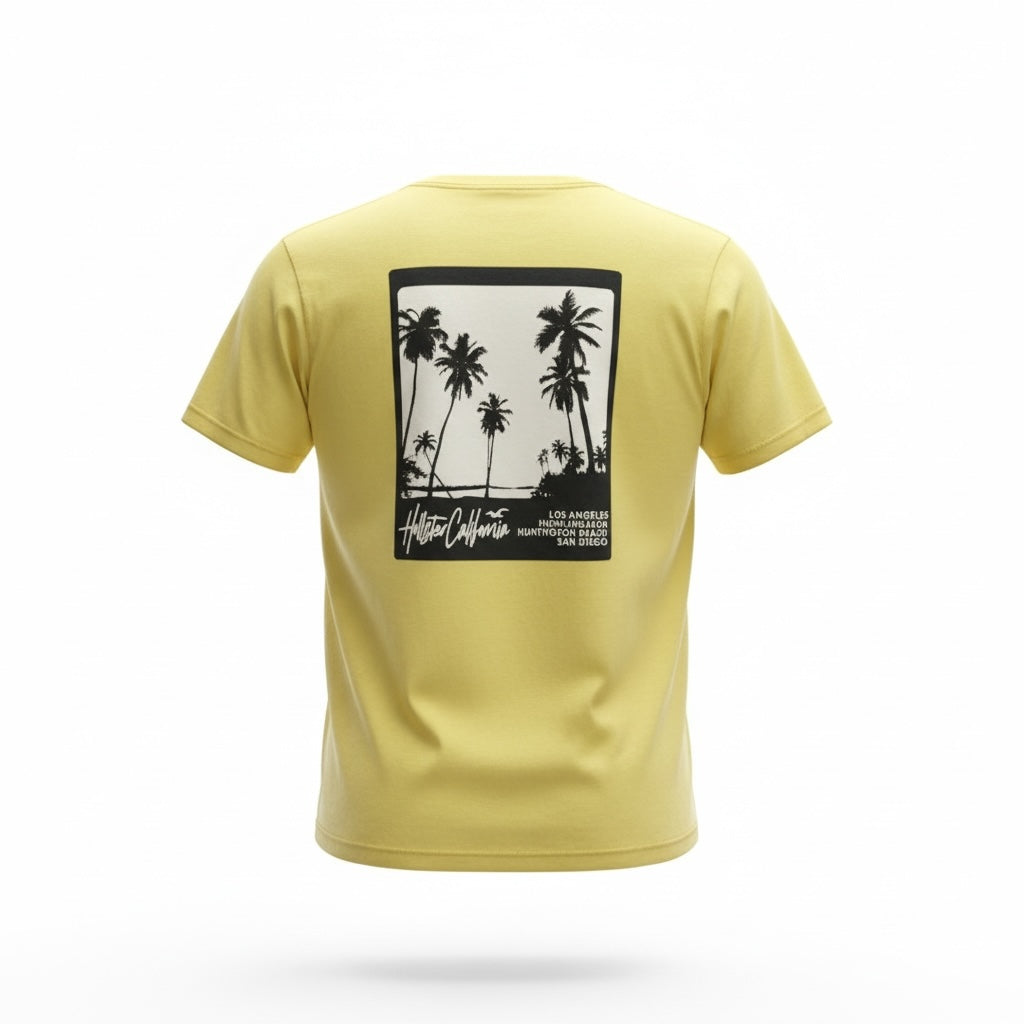 picknpack yellow crewneck t-shirt with a black and white palm tree graphic print on the back