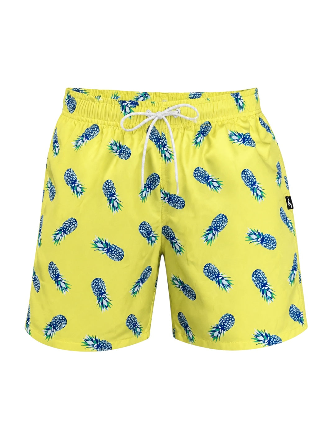 picknpack men's yellow swim trunks with a blue pineapple print, elastic waistband, and white drawstring.