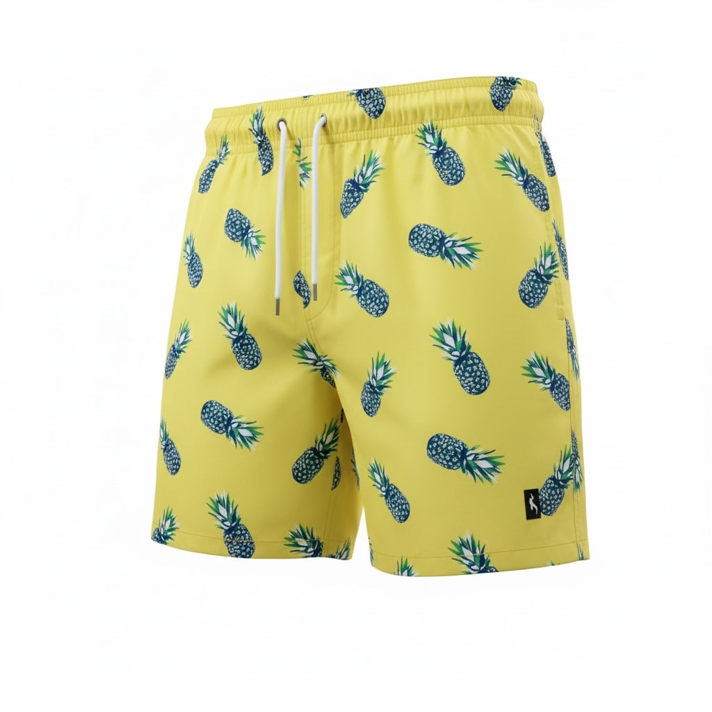 picknpack men's yellow swim trunks with an all-over blue and green pineapple print, elastic drawstring waistband